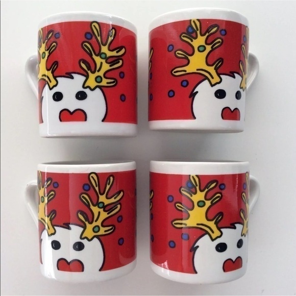 Vintage NEW Espresso Christmas Reindeer Coffee Cups SET OF 4 Whimsical Holiday - Picture 3 of 8